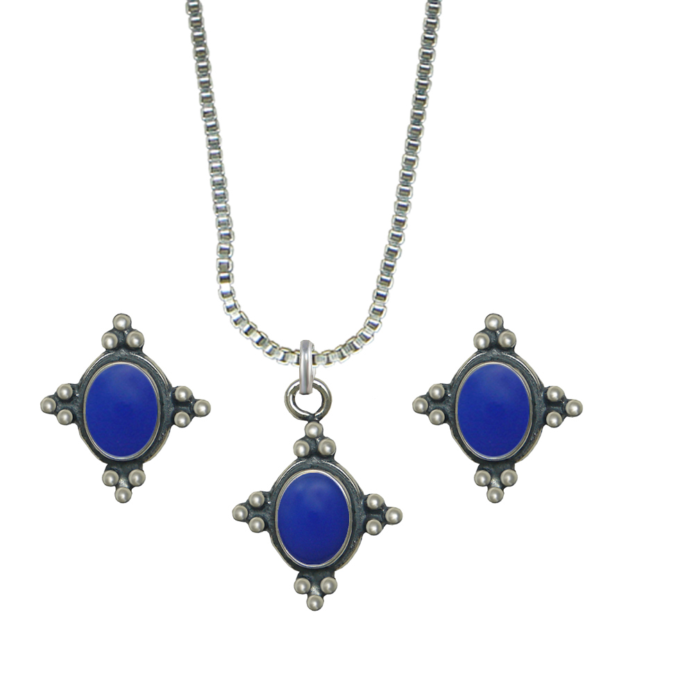 Sterling Silver Petite Necklace Earrings Set Blue Onyx